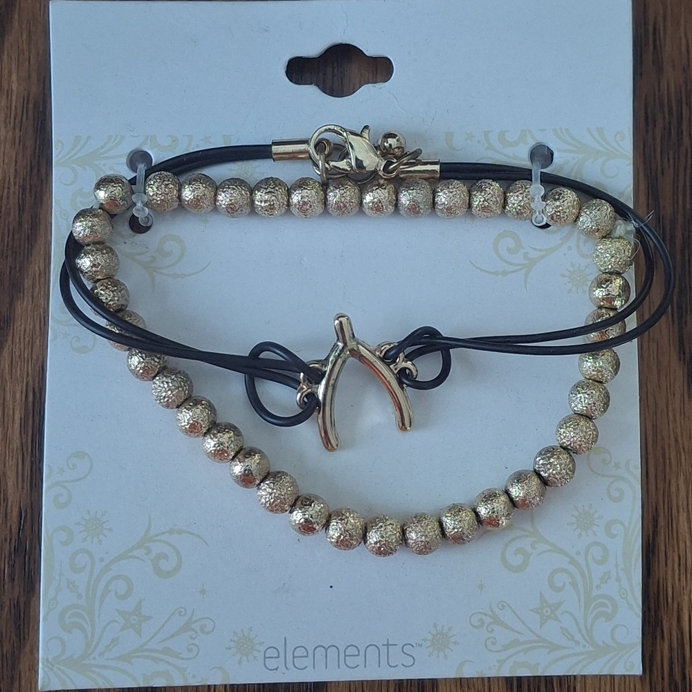 NEW / NWT Elements Gold-tone and Black Beaded Bracelet Set With Wishbone